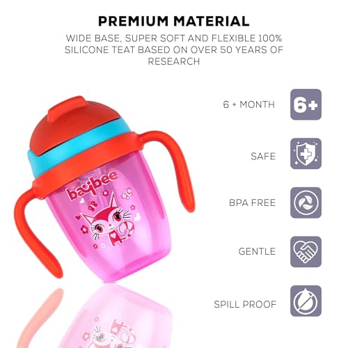 Image of BAYBEE Flippo 240ML Sipper Bottle for Kids, Anti-Spill Sippy Bottle with Soft Silicone Straw BPA Free |Sippy Cup for Baby r | Sipper Bottles for Kids Toddlers 6 Months to 3 Years (Pink)