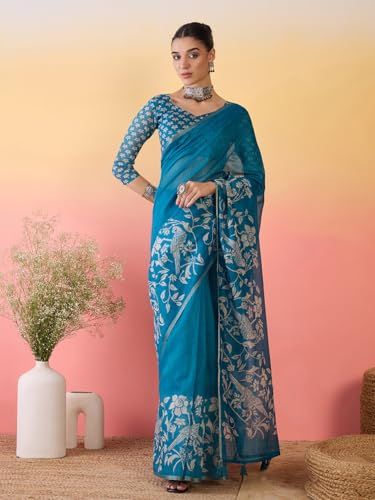 Image of AKHILAM Women's Cotton Printed Saree With Unstitched Blouse Piece
