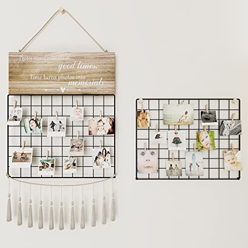 Hencawima Picture Frames Collage Wall Decor, 2 Pack Wall Grid Hanging Decor Macrame Wall Hanging, Diy Photo Hanging Display With 25 Clips, Metal Grid Wall Panels, Picture Board For Photos Boho Decor #TOP3