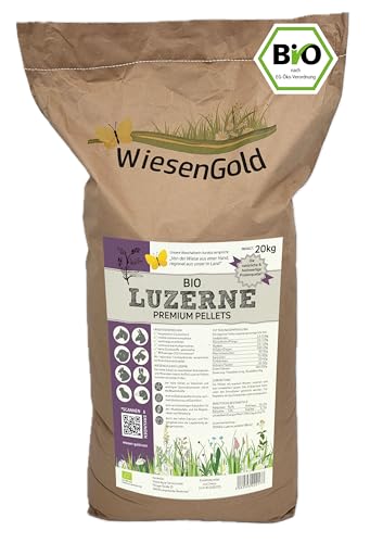Luzerne Cobs Bio, WiesenGold® Bio Luzerne Pellets/Cobs (20kg) – Premium Pferdefutter, die natürliche Proteinquelle für Tiere, Melassefrei, ohne Zuckerzusatz, staubfrei