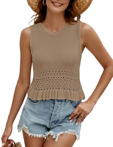CiCiBird Women Cute Crop Sweaters Vest Knit Sleeveless Pullover Tops Crochet Ruffle Hem Tank Rose Khaki M