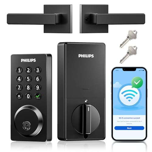 Philips WiFi Smart Door Lock with Handle, Built-in WiFi App Remote Control, Keyless Entry Door Locks for Front Door, Smart Deadbolt Auto Lock, Support Alexa & Google, IP54 Waterproof, Matte Black