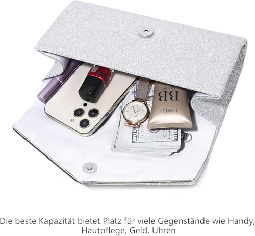 Clutch Silber, Abendtasche Damen, Tasche Silber, Tasche Damen - Shiny Fabric, Reinforced Chain, Large Space, Card Storage, Suitable for Banquets and Weddings, A Great Gift for Female Friends