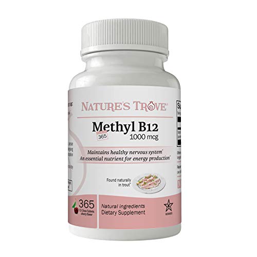 Vitamin B12 Methylcobalamin 1000 mcg, 365 Count, B12 Chewable Vitamins, Cherry Flavor, by Nature’s Trove