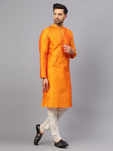 Image of LATEST CHIKAN Men's Silk Chikankari Kurta with Cream Churidar | Festive Set - KP Silk BANARSI