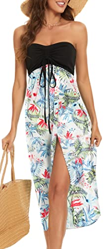 Vestido de playa para mujer, vestido largo de verano sin tirantes, vestido hawaiano asimétrico cruzado, negro y blanco (Black and White Leaf), XL