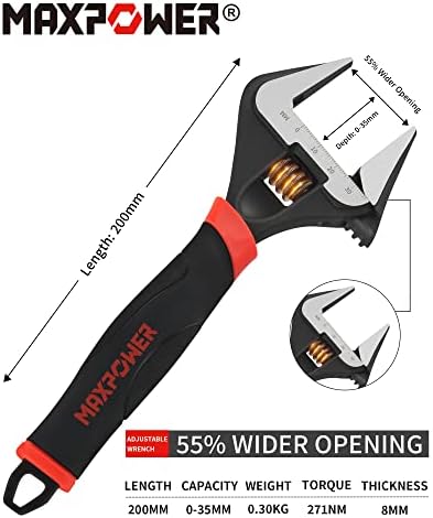 MAXPOWER Adjustable Spanner 200mm/8-Inch, Wide Opening Adjustable Wrench for Plumber - MAX Opening Capacity 35mm