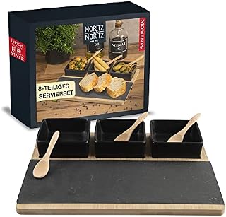 Moritz & Moritz Serving Bowl Set Black incl. Spoon & Serving Board and Slate Plate - Chip and Dip Platter as Tapas Bowls, Dip Bowls, Snack Bowls and Candy Dish