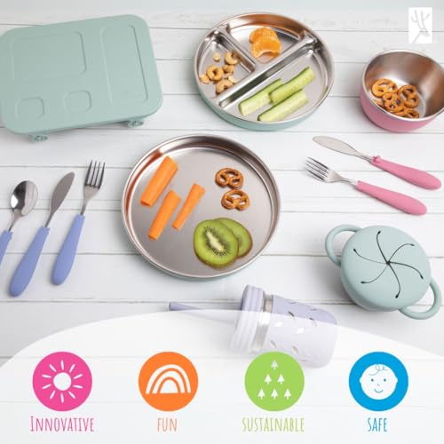 Elk and Friends 7.8” Stainless Steel Non Divided Plates with Silicone Sleeve + Storage Lid | Baby, Toddler, Kids | Dishwasher Safe | Dinner & Snack Plates | 4 Pack by Elk and Friends - Image 7