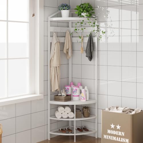 GiftGo Corner Hall Tree with Shoe Bench Entryway Coat Rack with 10 Metal Movable Hooks Freestanding Clothes Rack Shoes Shelf Organizer for Home Office Bedroom (White) by GiftGo - Image 7