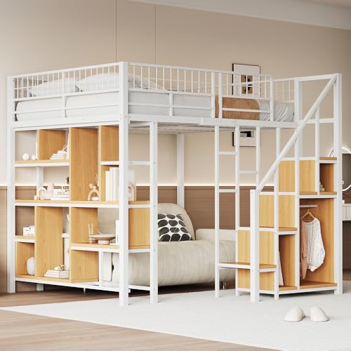 Sweiko Cama Loft Multifuncional 140 x 200 cm, marco de cama con espacio de almacenamiento, cama de metal con estantes de almacenamiento y escalera, camas adultas y niños (White)