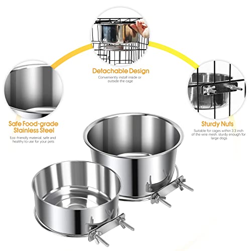 Yummy Sam 2 Pcs Large Pet Dog Food Water Bowl For Cage Stainless Steel Non-Spill Kennel Hanging Cats Bowls With Clamp Holder Crate Feeder Dish For Medium Large Dogs Huge Pets (7.1X3.5'' & 6.3X2.6'') #TOP4
