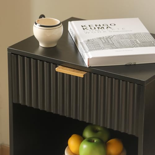 Fultyle Black Fluted Nightstand, Modern Bedside Table with Drawer and Opening Storage, End Side Table Living Room with Solid Wood Legs for Bedroom (Black) by Fultyle - Image 6