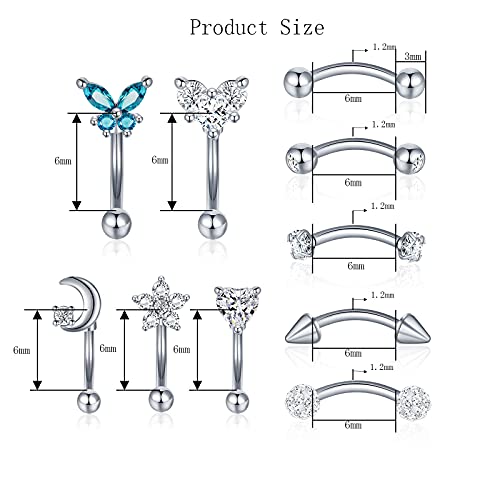 Evispol 10Pcs A Pack 16G Rook Curved Barbell Eyebrow Rings For Women Men 316L Surgical Steel Belly Lip Ring Cz Daith Cartilage Earrings Anti Tragus Forward Helix Body Piercing Jewelry-6Mm-Silver #TOP1