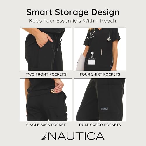 Nautica Women\'s Scrub Set, 9-Pocket Breathable & Stretchy Pants & Tops