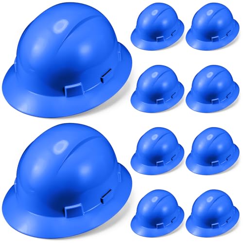 Saysurey 10 Pack Full Brim Hard Hat, Sky Blue Construction Hard Hat, HDPE Safety Helmet with 6-Point Adjustable Ratchet Suspension for Men and Women