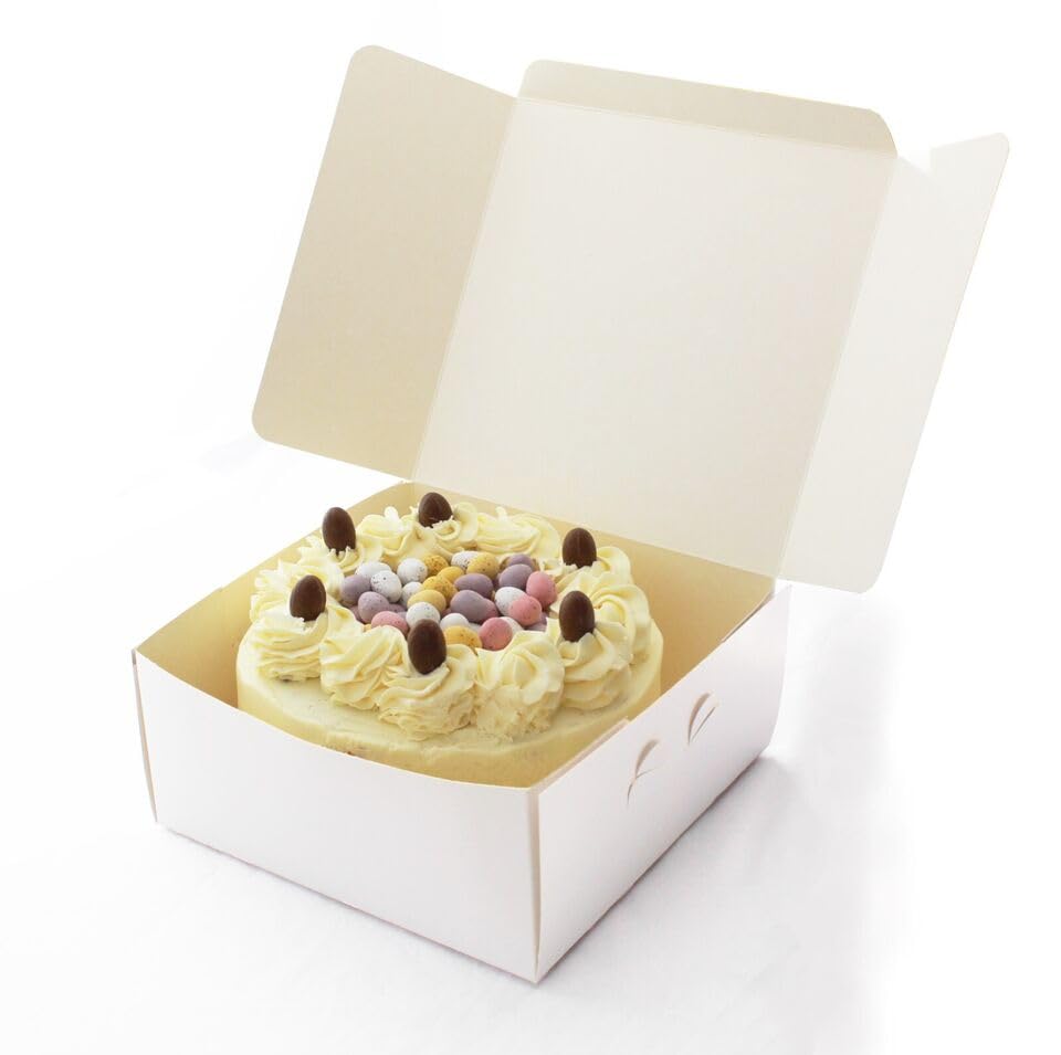 bag it Plastics 250 White Cake Boxes 9 x 9 x 4 Inch - Strong Cardboard Large Cake Box with Lid (230 x 230 x 100mm) - Food Safe Flat Packed Cake Packaging for Bakery, Takeaway, Wedding & Birthday