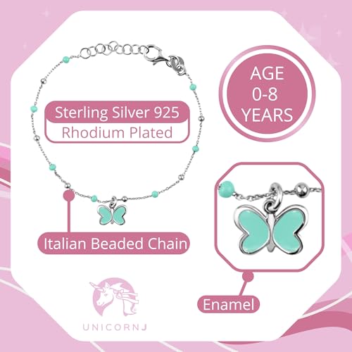 Image of UNICORNJ Sterling Silver Kids Bracelet for Girls Heart Butterfly Charm Enamel Hand Painted | Made in Italy | Bead Chain 6.25 inch
