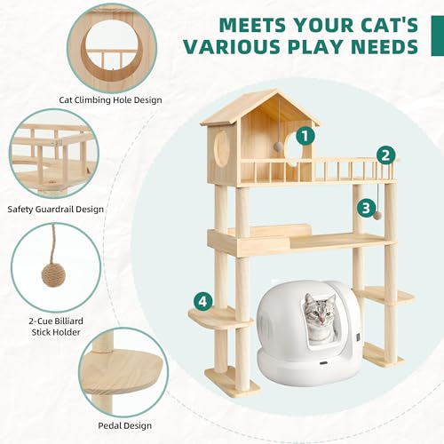 Homiflex Wood Cat Tower for Automatic Litter Box, 60.2" H Tall Cat Tree for Self Cleaning Litter Box, Multi-Level Solid Wood Cat Tree Tower Cat Furniture w/Scratching Post, House, Burlywood