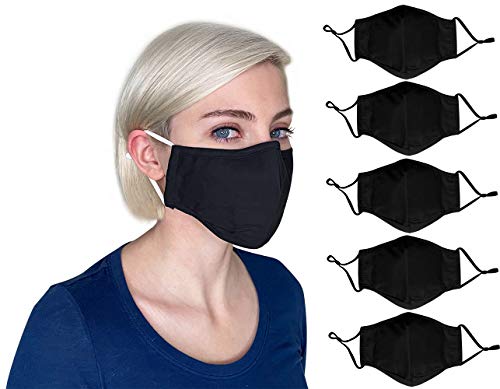 Black Cloth Face Mask for Women, Men, Youth, Teens, Reusable Washable Breathable, Black Mask with Adjustable Ear Loops, Nose Wire, Filter Pocket, 3-layer Soft Cotton Fabrics, 3D shape(Black-5Pack)