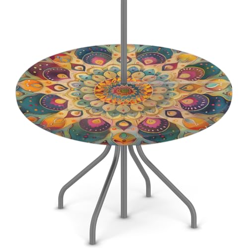 Pardick Round Outdoor Tablecloth with Umbrella Hole Mandal Bohemia Round Fitted Table Cloth Waterproof Umbrella Tablecloth with Zipper Elastic Outdoor Patio Table Cover, Fits 36"-44" Tables