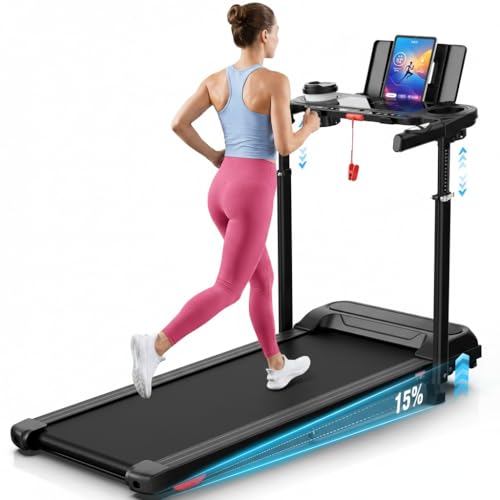 Walking Pad Treadmill with 15% Incline, Portable Treadmills for Home/Office/Gym with Desk Workstation and Adjustable Height, 3.5HP Quiet Electric Walking Pad with Handle Bar, 450lbs Capacity