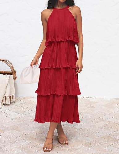Image of ZESICA Women's 2026 Summer Sleeveless Halter Neck Ruffle Tiered Layered Chiffon Flowy Swing Long Midi Dress