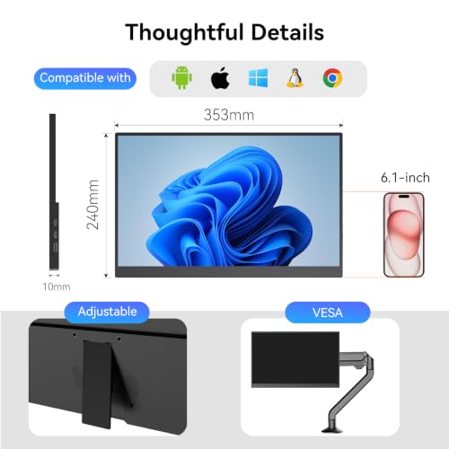 Image of JUSTTHINK 16 inch Portable Monitor 1920x1200 IPS, Ultra Slim Monitor with Stand, USB-C HDMI Travel Laptop Monitor, Second Screen for MacBook PC PS5 Switch