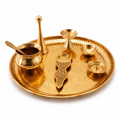 Image of Traditional Pure Brass Pooja Thali Set 7 Pieces with Diya, Bell, Kalash, Katori & Incense Holder | Handcrafted Brass Aarti Thali for Home Mandir, Temple, Diwali, Navratri & Gifts (10 Inch)