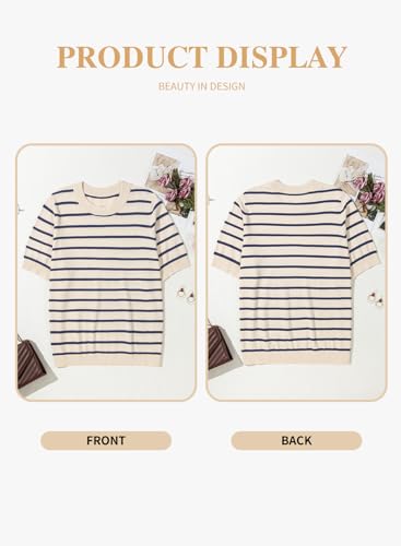 Image of Eytino Women Plus Size Sweater Tops Short Sleeve Crewneck Striped Tshirts Casual Summer Blouses Shirts(1X-5X)