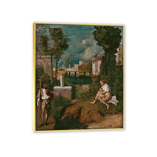 GEILEX Tempesta di Giorgione Riproduzione di famosi dipinti ad olio. Stampe su tela rinascimentali Opere d'arte. Quadri su tela per decorazioni per la casa Immagini70x85 cm (27,6x33,4) cornice dorata