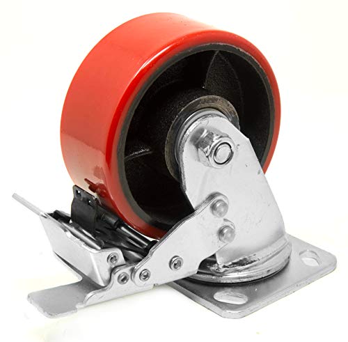 WEN CA7534B Double-Bearing Cast Iron and Polyurethane Swivel Plate Caster with Brake, Red