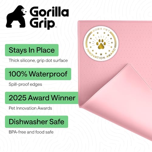 Image of GORILLA GRIP 100% Waterproof Raised Edge BPA Free Silicone Pet Feeding Mat, Dog Cat Food Mats Contain Spills Protects Floors, Placemats for Cats and Dogs Water Bowl, Pets Accessories 32x24 Pink