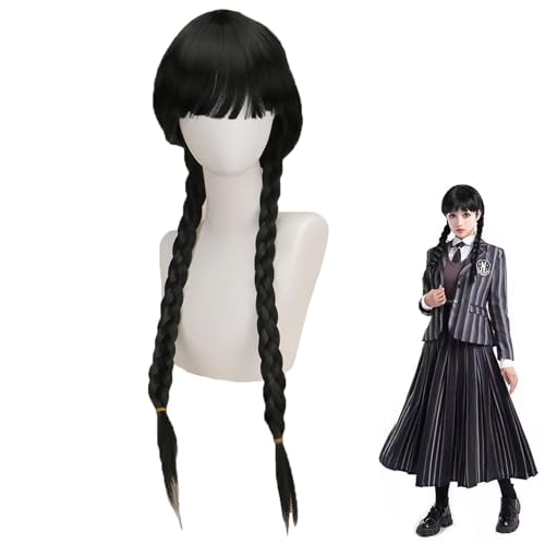 Adjustable Long Black Straight Braided Wig for Halloween Costume, Halloween Costume Wig Hair for Kids Girl Cosplay Party