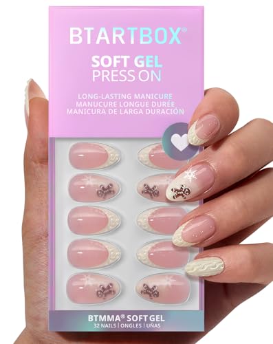 BTArtbox French Tip Press On Nails - Gingerbread Joy, 3D Short Al...