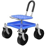 Rolling Garden Cart, Height Adjustable Outdoor Gardening Stool Trolley with Backrest & 360° Swivel Seat, Heavy Duty Garden Seat, Wagon Scooter with Utility Tool Tray (Blue A)