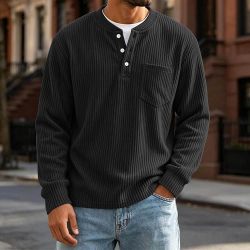 Mens Corduroy Shirt Henley Long Sleeve Button Down Pullover Shirts Pocket — view 6