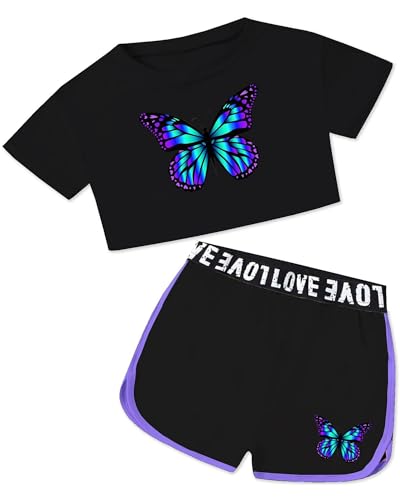 Image of Betusline Girls Summer 2 Piece Outfits,Kids Short Sleeve Crop Top & Shorts Set with Side Pockets