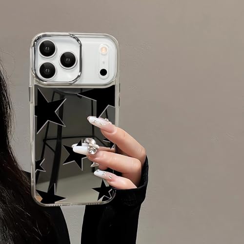 xoniery Compatible with iPhone 17 Pro Cute Glossy Mirror Case,Black Cool Stars,Senior Shockproof Protection and Silver Lens Frame for Women Girls man