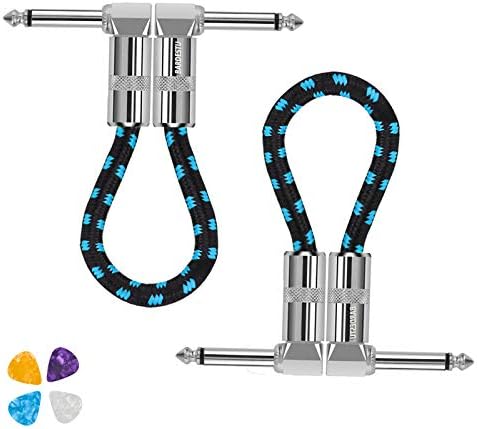 BARDESTU Guitar Patch Cables, 2 Pack 6 inch 1/4 Right Angle Plugs Pedal Short Effect Cable Low Noise Guitar Pedalboard Patch Cords with 4 Picks for Instrument Effects and Pedal Boards