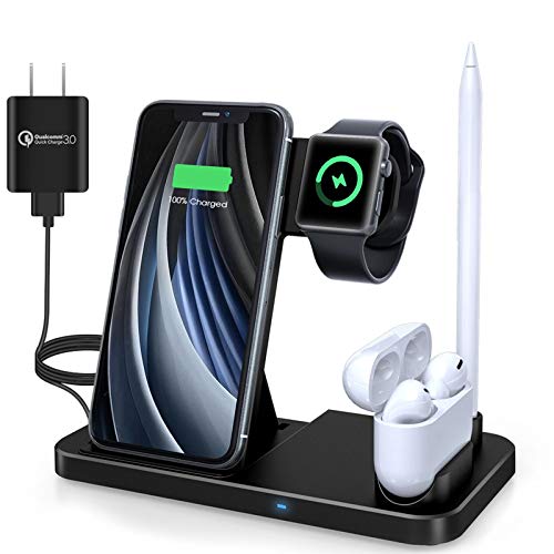 Wireless Charger, QI-EU 4 in 1 Qi-Certified 18W Fast Charging Station Compatible Apple Watch Airpods iPhone Se/11/11pro/X/XS/XR/Xs Max/8/8 Plus, Wireless Charging Stand Compatible Samsung S20/S10