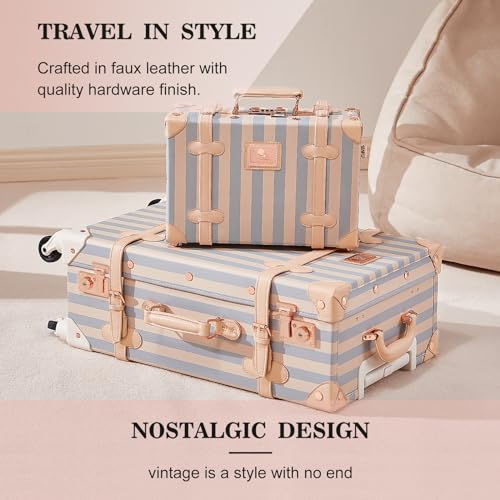 Image of UNIWALKER Vintage Suitcase Set, 3 Piece Retro Spinner Trunk, TSA-Approved Travel Luggage with Cosmetic Train Case for Women, Blue Strip, 26 inch+20 inch+12 inch