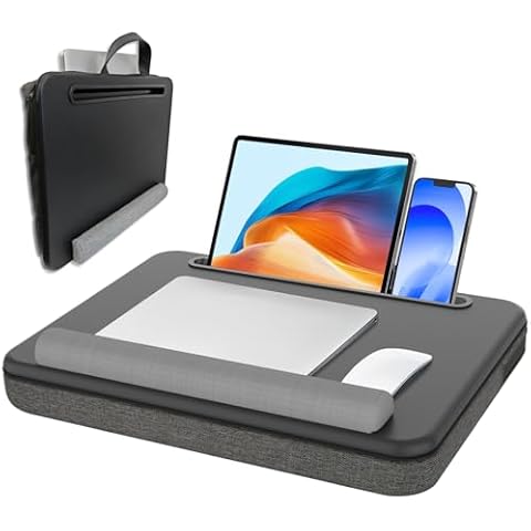 Lap Desk - Portable Laptop Desk Fits up to 15.6 inch Laptops, Wrist Pad, Storage Function, Tablet & Phone Holder, Laptop Stand for Home Office Study (Black & Dark Gray) Cover