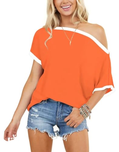 LEEDYA Women's Off Shoulder Tops Short Sleeve Casual Loose Batwing Shirts Oversized Blouse Tunic Orange L