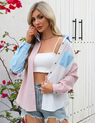 Neweek Womens Linen Button Down Shirts Casual Long Sleeve Loose Textured Collared Blouses Work Tops with Pocket2