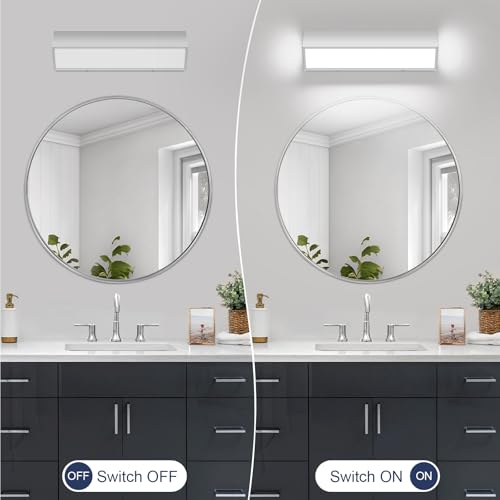 Image of 16-Inch LED Modern Bathroom Vanity Light Fixtures, Chrome Modern Acrylic Bathroom Wall Lighting Fixtures Over Mirror (Cool White 6000K)