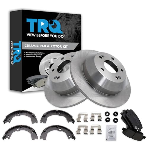 Image of TRQ Rear Brake Pad and Rotor Set Ceramic Parking Brake Shoe Compatible with 2010-2012 Hyundai Santa Fe 2011-2013 Kia Sorento