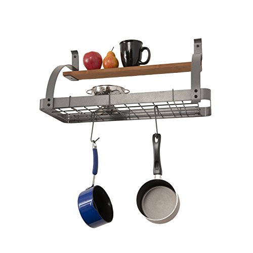 Rack It Up Bookshelf Wall Pot Rack with Wood Shelf and 8 hooks, Steel Gray Hammertone