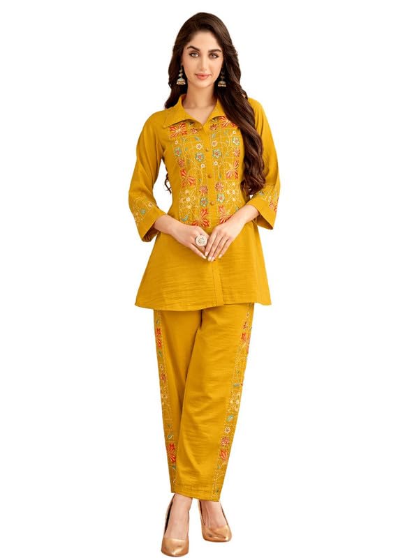 Image of Mustard Chinnon Floral Embroidered Co-Ord Set