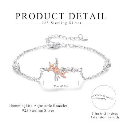 Hummingbird Bracelet 925 Sterling Silver Cross/Heart Bird Adjustable Bracelet for Women Hummingbird Jewelry Gift Birthday